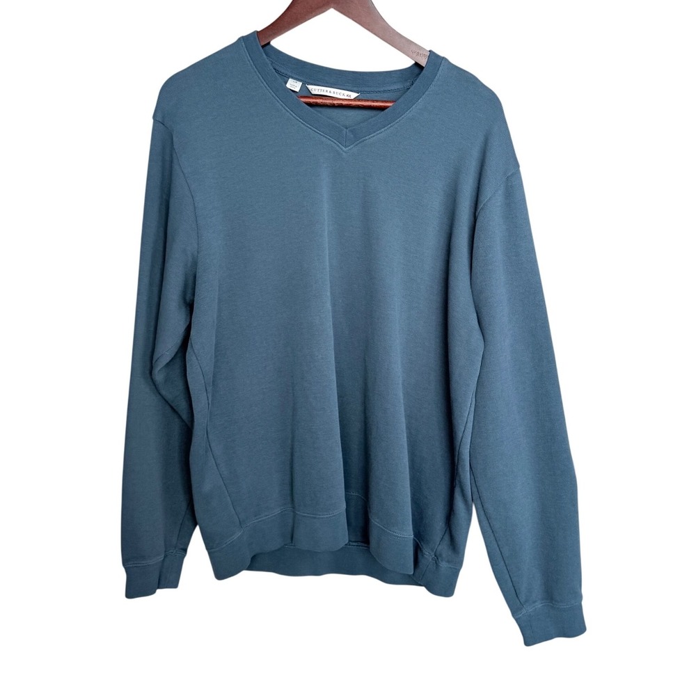 Cutter & Buck V-Neck Sweatshirt‎ Mens Large Teal Blue 100% Pima Cotton Pullover